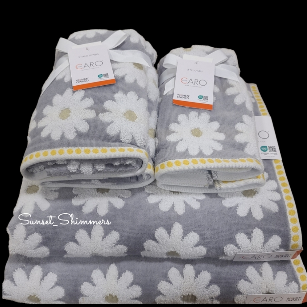 🌼 Caro Home 6pc White Gray Yellow Daisies 2 Bath 2 Hand 2 Tip Towel Set New 🌼